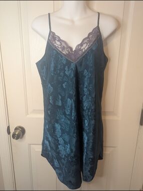 Vtg Sopre Teal Blue Satin Jacquard Floral Lingerie Chemise Slip Dress 90s Large